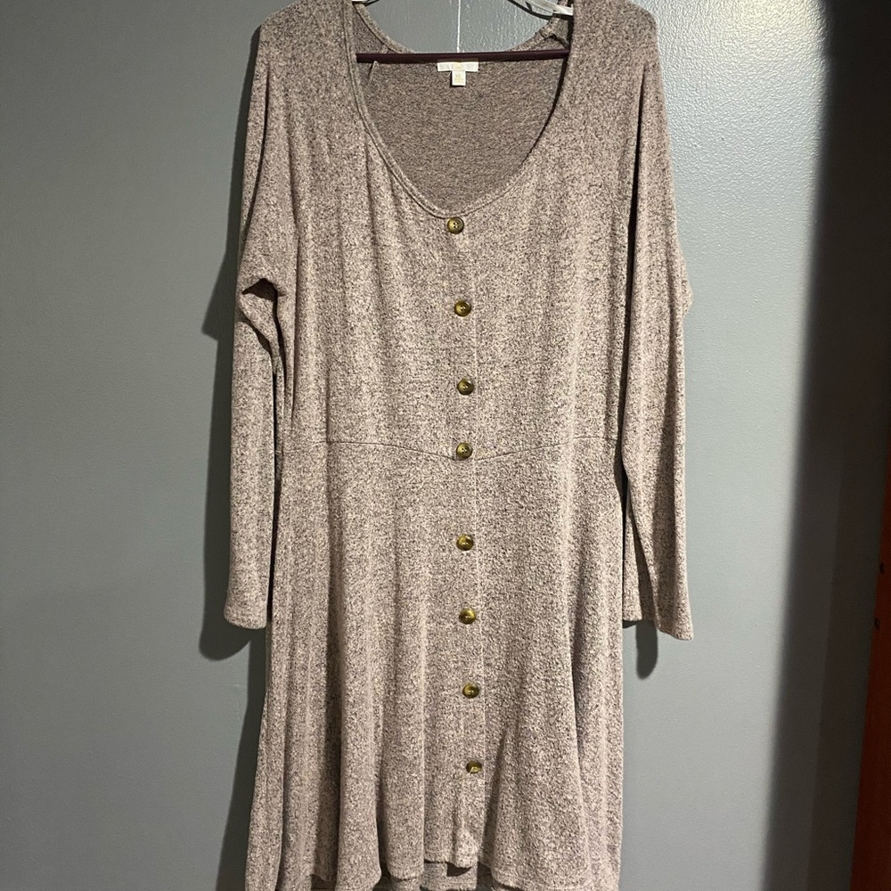 Soft Taupe Long Sleeve Buttoned Dress